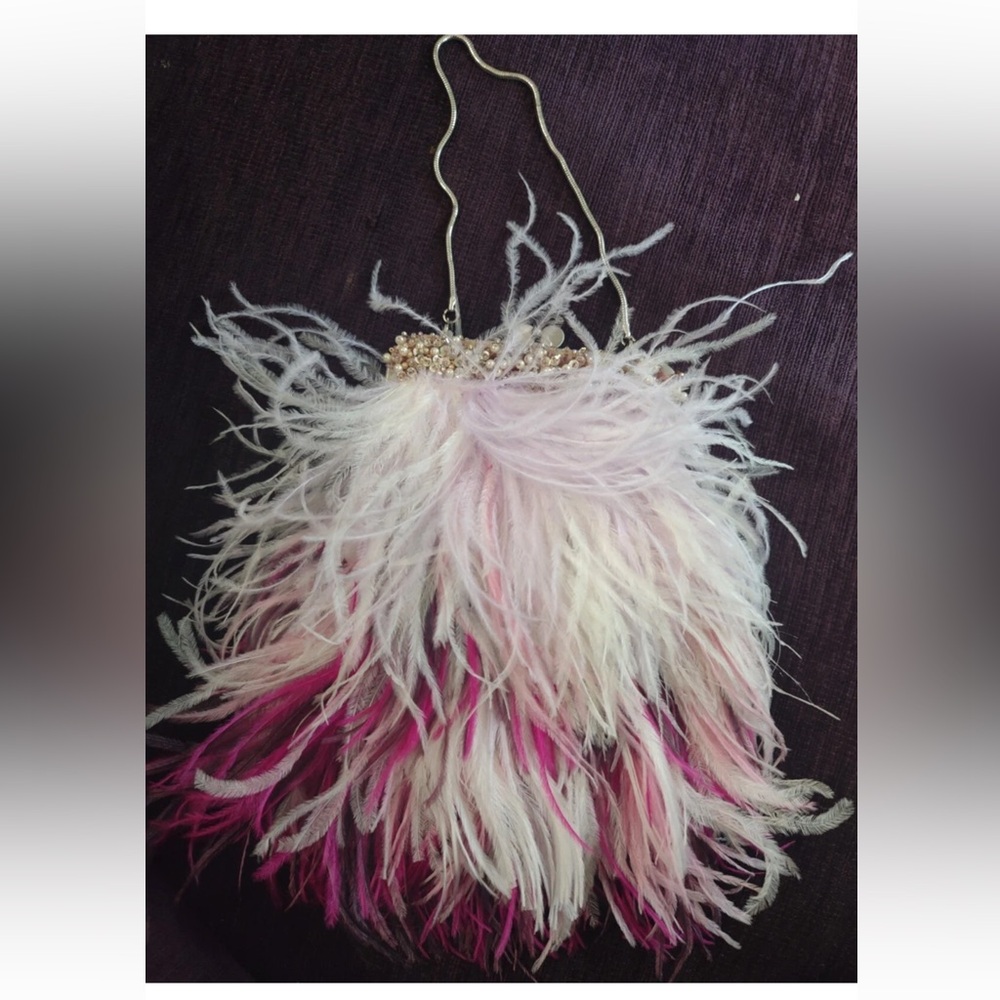 ISO 

“Baby Fou Fou"  Moo Roo Multi Color Ostrich Feather Bag pink/white